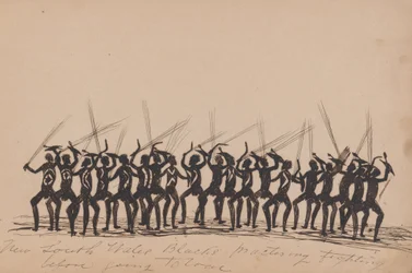 Kwat Kwat people - New South Wales Blacks cvičí boj před odchodem do války - Skicář domorodých aktivit